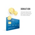 Donation concept. Golden coin collect on credit card. Vector illustration