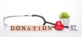 Donation concept. Horizontal banner panoramic close up view photo of doctor tool red shape heart succulent and wooden blocks