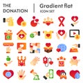 Donation flat icon set, charity symbols collection, vector sketches, logo illustrations, volunteer signs color gradient