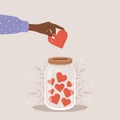 Donation glass jar with red hearts. African female hand throw heart in huge bottle for donate. Give and share your love Royalty Free Stock Photo