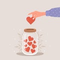 Donation glass jar with red hearts. Female hand throw heart in huge bottle for donate. Give and share your love. Support