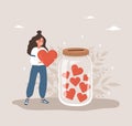 Donation glass jar with red hearts. Volunteer woman throw heart in huge bottle for donate. Give and share your love Royalty Free Stock Photo