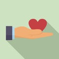 Donation heart in hand icon, flat style