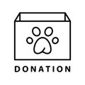 Donation icon. Rectangular box with paw print. Help animals, pets, wildlife concept. Linear logo or poster. Black white