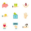 Donation icons set, flat style