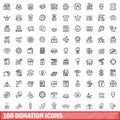 100 donation icons set, outline style