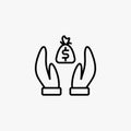 Donation line icon design vector. Caring people illustration design. Gesture hand with money donation sign vector. Black outline v