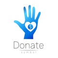Donation sign icon. Donate money hand and heart. Charity or endowment symbol. Human helping. on white background. Vector Royalty Free Stock Photo