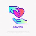 Donation thin line icon: one hand puts heart with dollar sign in other hand. Modern vector illustration for charity, fundraising