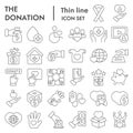 Donation thin line icon set, charity symbols collection, vector sketches, logo illustrations, volunteer signs linear