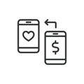 Donation transfer phone, icon in line design. Donation, transfer, phone, mobile, charity, payment, fund on white