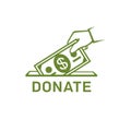 Donation vector icon. Donate money and charity concept. Hand putting money to the donation box icon.