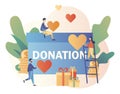 Donation and volunteers work concept. Tiny people help charity and sharing hope. Modern flat cartoon style. Vector Royalty Free Stock Photo