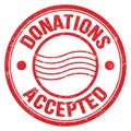 DONATIONS ACCEPTED text on red round postal stamp sign