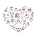 Donations and charity (red and gray) heart illustration (background). Simple outline design.