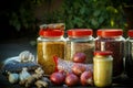 Donations food with healthy vegetables and rice, lentils in glass jars