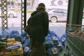 Donations from the supermarket collected in packages of grocery sets for charity purposes