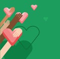 Charity concept.Donator holding heart in their hands.Vector illustration flat design.Isolated on green background. Volunteer poste