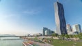 Donaustadt Danube City timelapse hyperlapse is a modern quarter with skyscrapers and business centres in Vienna, Austria