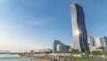 Donaustadt Danube City timelapse hyperlapse is a modern quarter with skyscrapers and business centres in Vienna, Austria