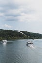 Donaustauf, Bavaria, Germany - July 27, 2018 : Renate ship with tourists sails on Danube River to Walhalla memorial, tour tourism, Royalty Free Stock Photo
