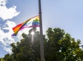 Doncaster Pride 19 Aug 2017 LGBT Festival rainbow flag on a street light in Doncaster, England, United Kingdom