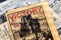 DONCASTER, UK - 28TH JULY 2019: Newspapers from World War Two with headlines of Victory in Europe VE Day