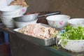 Done beef on cooking table of Pho restaurant in Hanoi street. Pho is the most famous food in Vietnam Royalty Free Stock Photo