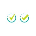 Done check mark set. Valid seal icon.green tick in blue circle. Flat OK sticker icon