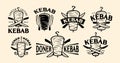 Doner Kebab badge set. Fast food labels, emblems, logo. Shashlik, meat store, restaurant, grill cafe