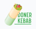 Doner Kebab Banner, Creative Badge with Vegetables and Meat Rolled in Pita Bread and Typography Isolated