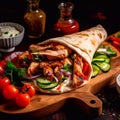 Doner kebab with grilled meat, vegetables and sauce on a wooden board. Burrito. Shawarma with chicken meat Royalty Free Stock Photo