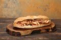 Doner kebab is lying on the cutting board. Shawarma with meat, onions, salad lies on a dark old wooden table Royalty Free Stock Photo