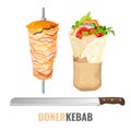 Doner kebab promo poster with meet on skewer and knife