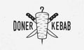 Doner Kebab vintage logo or poster template. Doner Kebab with kebab knives isolated on white background.