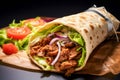 Doner shawarma meat with tasty vegetables and sauces, Grilled pita wrapping