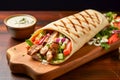 Doner shawarma meat with tasty vegetables and sauces, Grilled pita wrapping , served on wooden board on table in cafe