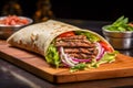 Doner shawarma meat with tasty vegetables and sauces, Grilled pita wrapping , served on wooden board on table in cafe
