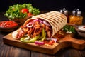 Doner shawarma meat with tasty vegetables and sauces, Grilled pita wrapping , served on wooden board on table in cafe