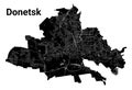 Donetsk city map, Ukraine. Municipal administrative borders, black and white area map with rivers and roads, parks and railways