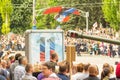 DONETSK, Donetsk People Republic. May 9, 2018: Soviet artillery cannons with tracks on the main street of the Donetsk city