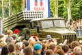 DONETSK, Donetsk People Republic. May 9, 2018: Soviet artillery MLRS BM-21 Grad on the main street of the Donetsk city