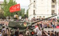 DONETSK, Donetsk People Republic. May 9, 2018: Soviet legendary WW2 tank T-34-85 on the main street of the Donetsk city
