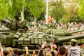 DONETSK, Donetsk People Republic. May 9, 2018: Soviet main battle tank T-72B on the main street of the Donetsk city