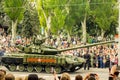 DONETSK, Donetsk People Republic. May 9, 2018: Soviet main battle tank T-72B on the main street of the Donetsk city