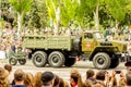 DONETSK, Donetsk People Republic. May 9, 2018: Soviet artillery cannons with tracks on the main street of the Donetsk city