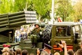 DONETSK, Donetsk People Republic. May 9, 2018: Soviet artillery MLRS BM-21 Grad on the main street of the Donetsk city