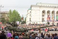 DONETSK, Donetsk People Republic. May 9, 2018: Soviet main battle tank T-72B on the main street of the Donetsk city