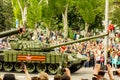 DONETSK, Donetsk People Republic. May 9, 2018: Soviet main battle tank T-72B on the main street of the Donetsk city