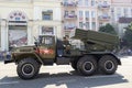 Donetsk, Donetsk People Republic, Ukraine - June 24, 2020: A column of Soviet multiple launch rocket systems Grad moves along